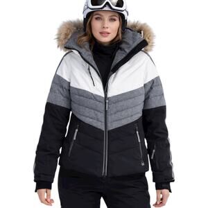 Nils Colorblock Waterproof Ski Snowboard Jacket Fur Hood Black Gray Size 8